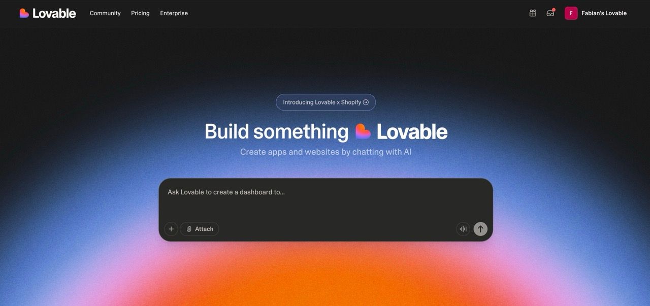 Lovable AI Website Builder - Homepage with chat input and "Build something Lovable" headline