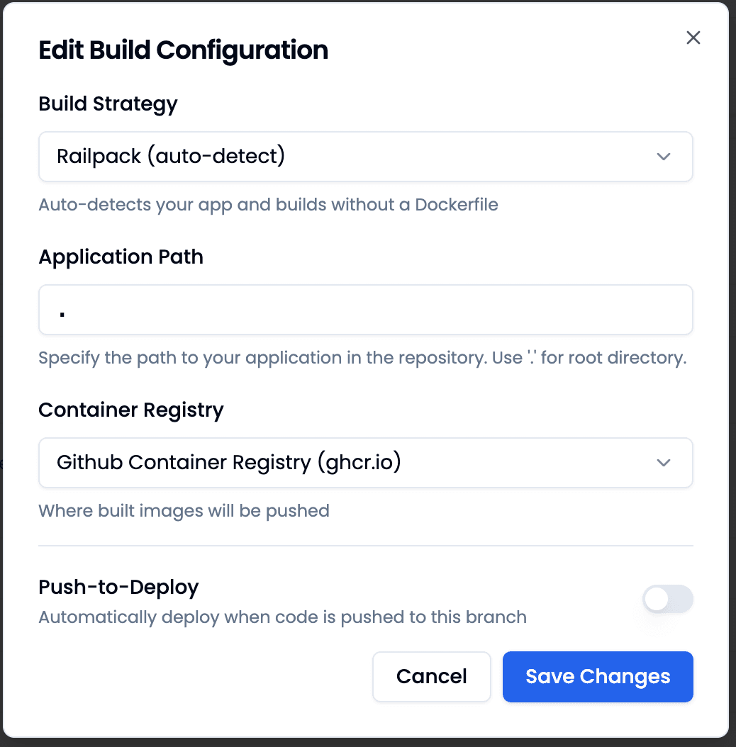 Edit Build Configuration — Railpack